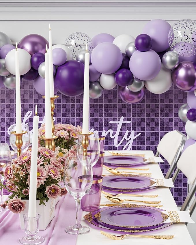 Nervure 175Pcs Purple Plastic Plates, Plastic Dinnerware Set for 25 Guests | 25 7.5" Dessert & 25 10.25" Dinner Plastic Plate, 75 Silverware, 25 Cups, 25 Napkin for Wedding & Party, BPA-free, Heavy-duty