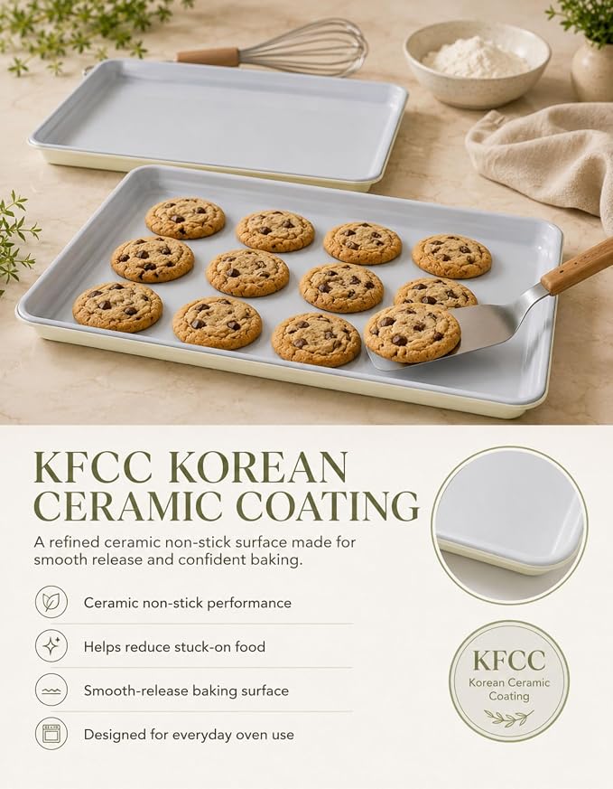 Ceramic Baking Sheet Half Size 17"x11" - Heavy Duty 0.6mm Aluminized Steel Pan, KFCC Ceramic Nonstick Cookie Sheet, Oven Safe to 550°F, Rustproof & Warp Resistant Baking Tray (2PCS)