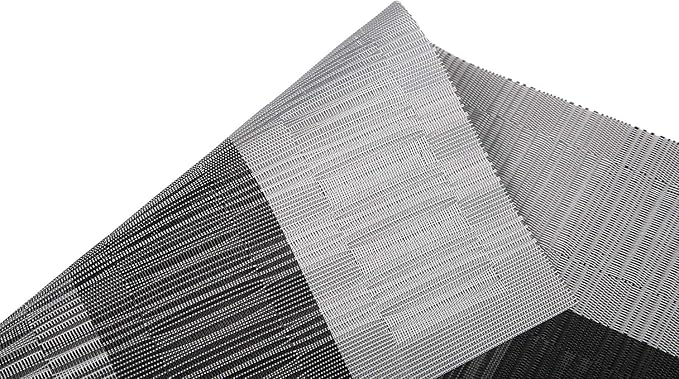 SHACOS Woven Vinyl Table Runners PVC Table Runners 12 x 36 inch Wipe Clean Reversible Plastic Weave Tabletop Counter Decor Mats Indoor Outdoor, Ombre Black and Gray