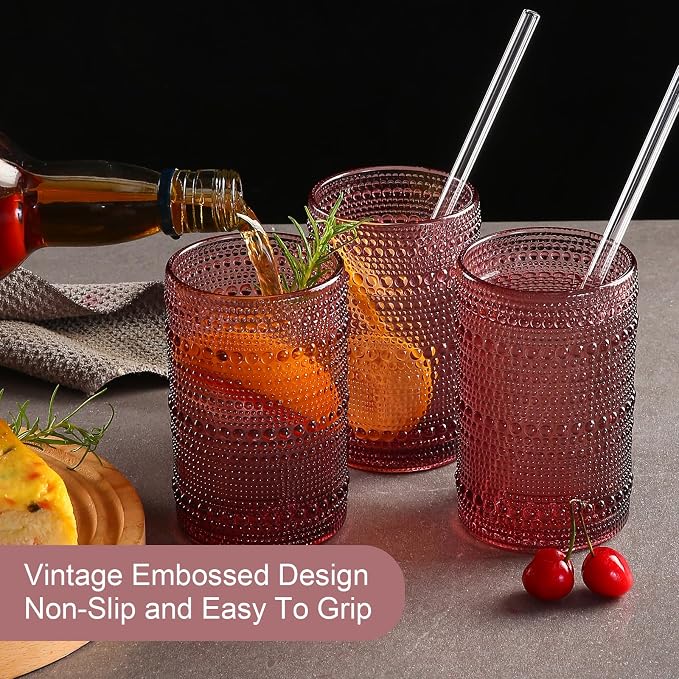 ZMOWIPDL Drinking Glasses Set of 6,15 oz Purple Hobnail Glass Cups | Vintage Glassware，Embossed Water Tumbler,for Beer,Cocktail,Whiskey,Juice and Various Mixed Drinks- 1 Cleaning Brush