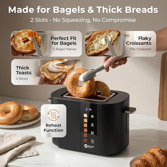 Balter Toaster 2 Slice, Bagel Function, Stainless Steel, Touch Screen, Built-in Rack, Extra-Wide 1.5" Slots for Thick Breads & Bagel, Timer, BPA-Free, Removable Tray, Black