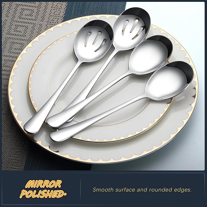4-Piece Serving Spoon Set - Includes 2 Serving Spoons and 2 Slotted Spoons, Large Cutlery for Catering Buffet, Mirror Polished, Dishwasher Safe, 8.7 Inches