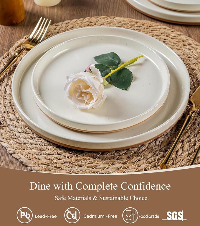 AmorArc Stoneware Dinnerware Sets for 6,18 Pcs Plates and Bowls Set | Handmade Ceramic Dish Set,Dishwasher & Microwave Safe,Scratch Resistant-Beige