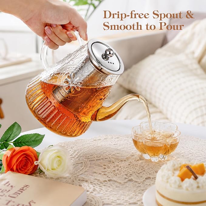 1500ml/52oz Large Glass Teapot, Zpose Vintage Tea Pot with Infuser for Loose Tea, Stovetop Glass Tea Kettle with strainer for 6-7 Cups