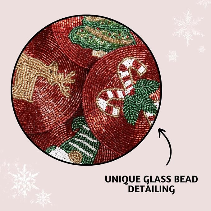 Folkulture Cute Coasters,Set of 4 for Drink,Waterproof, Boho Table Décor | Holiday Magic Beaded Handmade Round Drink Coasters for Coffee Table & Bar, Hand-Crafted Cute Coasters for Housewarming Gifts