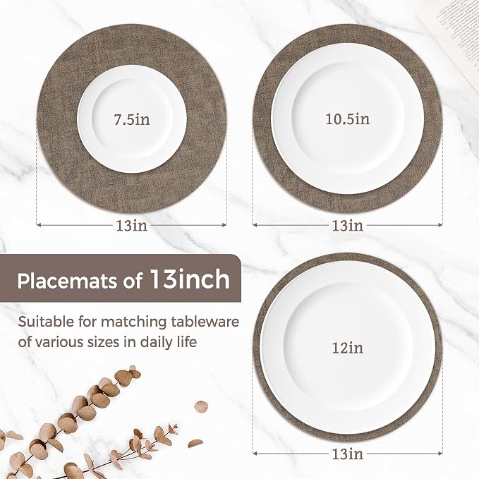 13" Round Placemats Set of 6, Reversible Faux Leather Wipeable Table Mats | 2mm Vinyl Heat Resistant Waterproof Oilproof Scratch Proof Non-Slip, Washable for Kitchen Dining Indoor Outdoor (Dark Coffee)