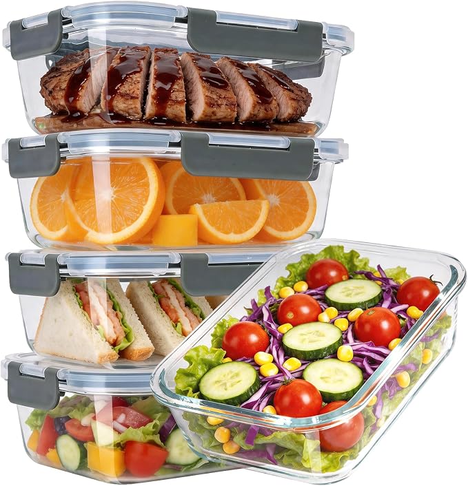 5-Pack 36oz Glass Food Storage Containers with Lids, Grey | Glass Meal Prep Food Container Sets, Airtight, Reusable, Leak-Proof, Microwave Oven Freezer Dishwasher Safe