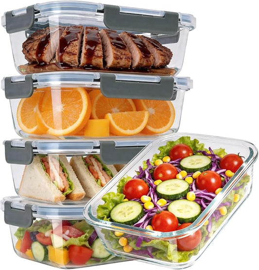 5-Pack 36oz Glass Food Storage Containers with Lids, Grey | Glass Meal Prep Food Container Sets, Airtight, Reusable, Leak-Proof, Microwave Oven Freezer Dishwasher Safe