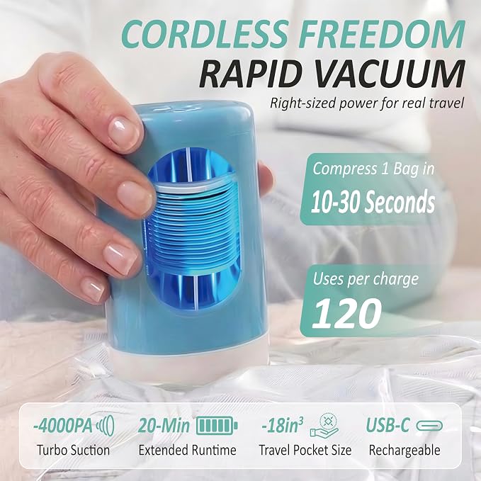 Cozy Essential Travel Vacuum Storage Bags with Rechargeable Cordless USB Pump, Space Saver Bags for Luggage, Suitcase, Carry-On, for Clothes, Blankets, Bedding & Seasonal Storage,8 Combo