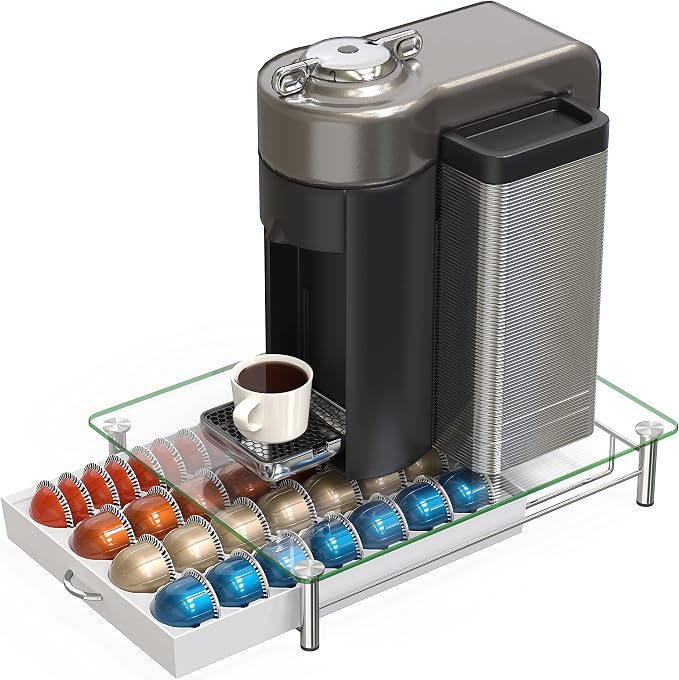 Deco Brothers Tempered Glass Vertuo Pod Holder, Fits 28 Large/56 Small Pods | Compatible with Nespresso Capsule, White