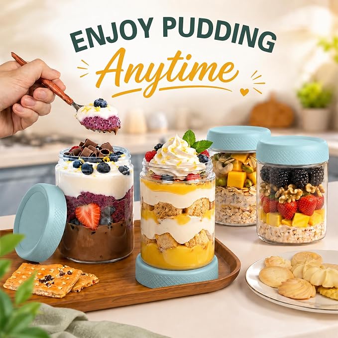16 oz Glass Jars with Airtight Lid, Overnight Oats Container, Mason Jars | 6 Pack Parfait Cup With Lids for Breakfast, Clear Glass Jars for Storage, Sugar, Prep Meal, Food, Pudding, Spices, Blue
