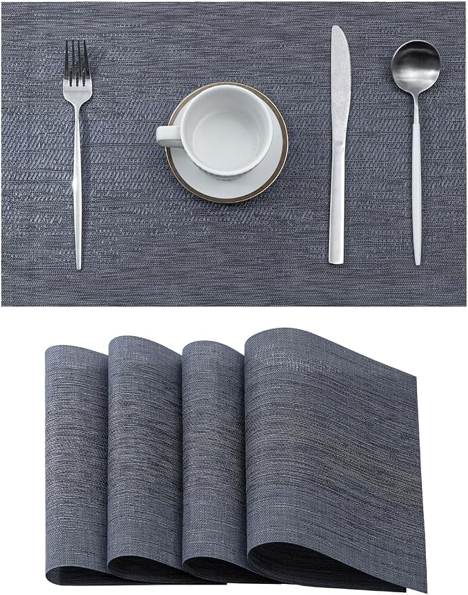 Leetaltree Denim Blue Placemats Set of 4 - Heat Resistant Non-Slip Place mats for Dining Table, Washable Durable PVC Vinyl Woven Table Mats（Denim Blue, 4）