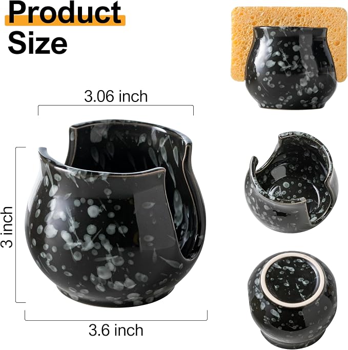 Zoeeker Kitchen Sponge Holder, Ceramic Dish Sponge Holder for Kitchen Sink | Scrub Sponge Dish Rack Sink Caddy Organizer Brush Holder Kitchen Storage Accessories for Bathroom, Sink, Countertop, Black