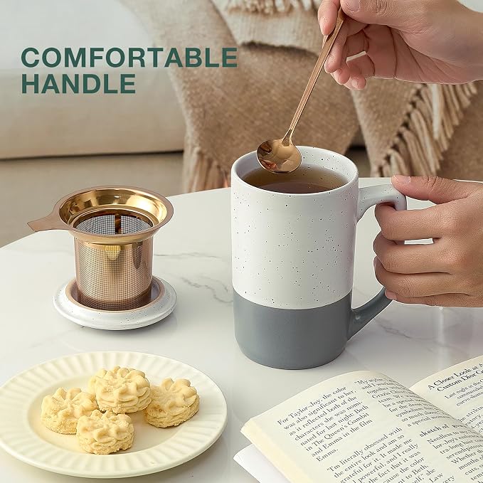 Gencywe Ceramics Large Tea Cup with Loose Leaf Infuser, Spoon and Lid, 16 oz Tall Coffee Mug, Microwave and Dishwasher Safe, Rustic Matte Ceramic Glaze, Tea Strainer (Gray)