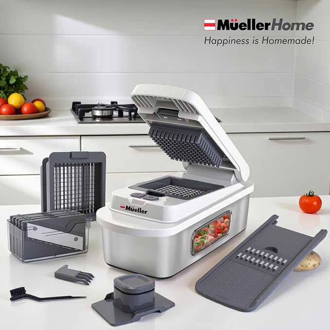 MUELLER HOME Pro-Series 10-in-1, Stainless Steel Multi Vegetable Chopper | 8 Blade Mandoline Slicer, Kitchen Accessories and Essentials, Food and Veggie Chopper, Mincer, Dicer, White Sand/Grey