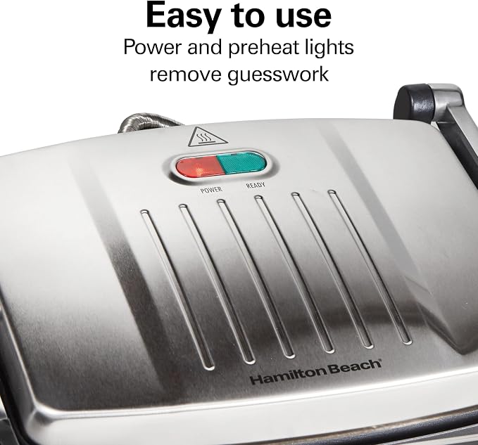 Hamilton Beach Panini Press, Sandwich Maker & Electric Indoor Grill | Floating Hinge Evenly Cooks Any Sandwich | Locking Lid | PFAS-Free Non-Stick 8" x 10" Grids | Stainless Steel