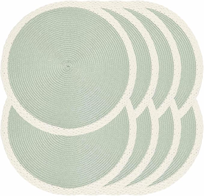 Round Placemats Set of 8, Woven Table Mats, Mint Green | Braided Paper Edge, 15 Inch Diameter, Fits Dinner Plate and Flatware, Wipeable, Heat Resistant, Indoor Dining, Outdoor Patio