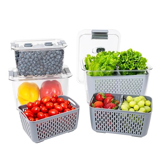 Kitchen Spaces Stackable Fridge Storage Colander Containers, Variety Pack | 3 Sizes to Store Fresh Produce, Organize Washed Fruits and Veggies, Snap and Seal Lids with Adjustable Vents, Hand Wash Only