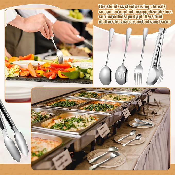19 Pcs Serving Utensils Set Stainless Steel Tongs,Silver | Includes Spatulas Forks Spoons Perforated Skimmers, Parties Buffet Professional Kitchen Tools Home Gatherings Events