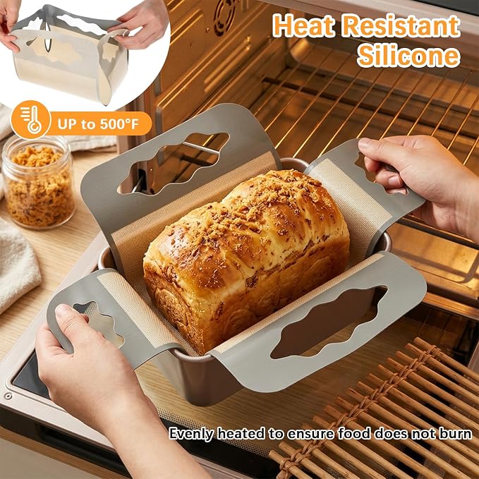 2Pcs Silicone Bread Pan Liner Reusable Baking Mat Fits 9x5" Loaf Pans | Non-Stick, Heat Resistant Loaf Pan Lifters with 4 Handles