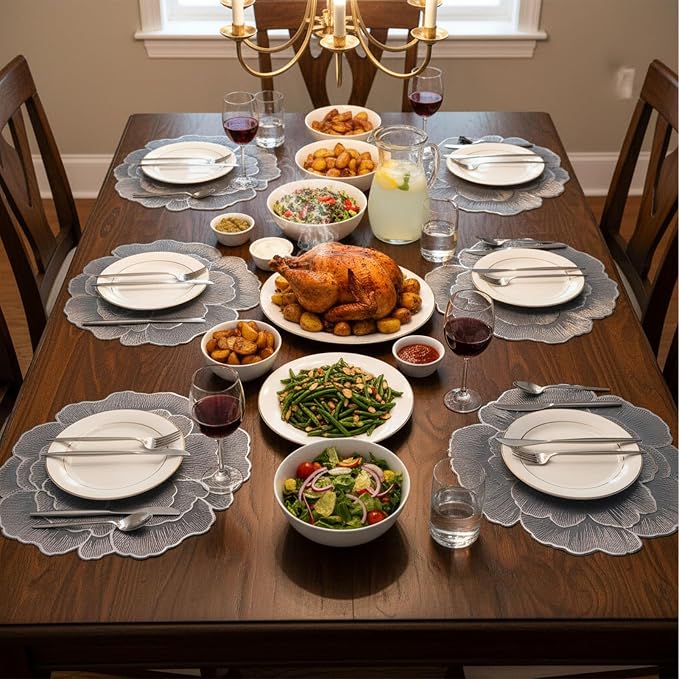 Silver Placemats Set of 6 15 Inch Metallic Pressed Vinyl Flower Place Mats | Non Slip Washable Waterproof PVC DiningTable Mats for Home Kitchen Dinner Party Table Wedding Decoration