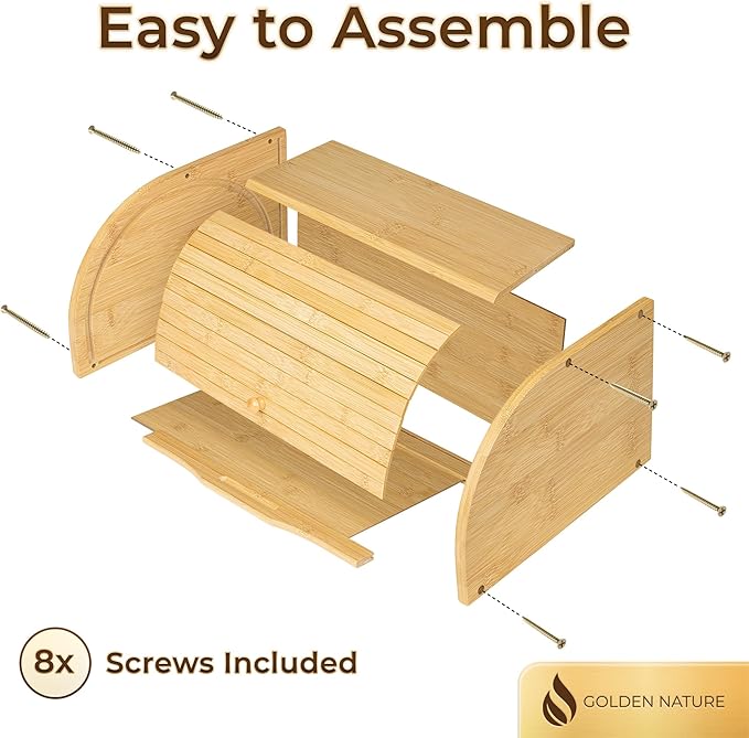 Bamboo Bread Box for Kitchen Countertop, Large Wooden Food Keeper W/Rolling Lid, Vintage Storage Bin for Bagels, Muffins, Cupcakes & Cookies | Golden Nature bread storage box with rolling lid, vintage food keeper for muffins, bagels, cookies, and cookies