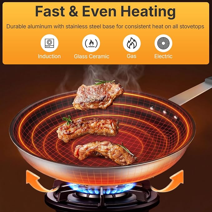 NEWBULIG Nonstick Frying Pan, 14" Heavy-Gauge Aluminum Skillet with Ceramic Nonstick Coating & Stainless Steel Base for Induction, Electric, Gas, Oven Safe, Black Hanging Handle | Aluminum body even heating, steel handle silicone grip, oven safe 392°F ...