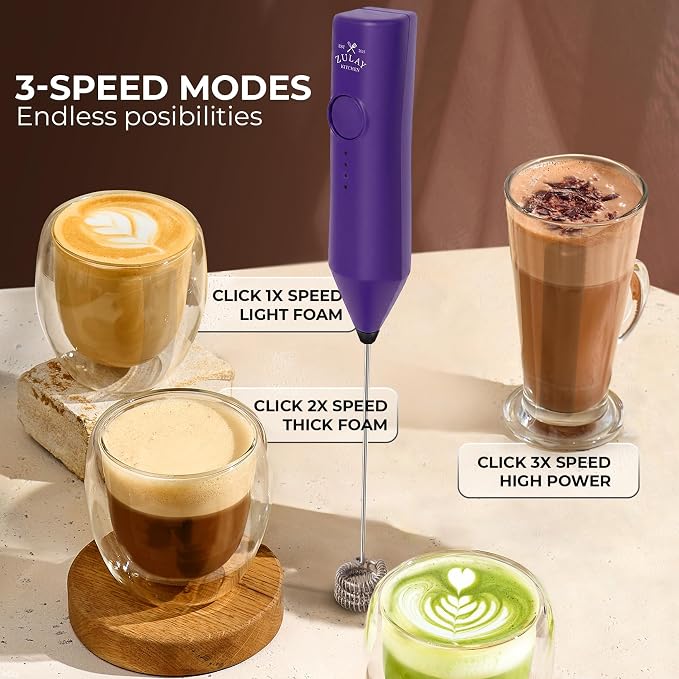 Zulay Kitchen Rechargeable Milk Frother Handheld - Frother Wand, Drink Mixer, Electric Whisk Frother, for Cappuccinos, Matcha & Protein Powder - Dynamic Triple Whisk, 3 Speed 500mAh Purple