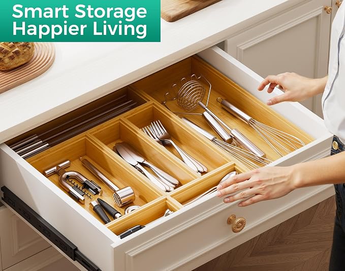 Bamboo Kitchen Drawer Organizer Boxes 9" x 3" Stackable Wooden Organizers | Set of 2 Wood Silverware Utensil Tray for Drawers Bins, Cutlery & Flatware Storage for Junk Drawer, Bathroom, RV