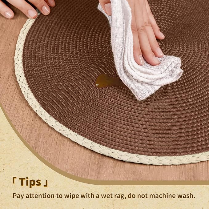 Round Placemats Set of 6, Woven Table Mats, Thin Edge, Chestnut Brown | Braided Paper Edge, 15 Inch Diameter, Fits Dinner Plate and Flatware, Wipeable, Heat Resistant, Indoor Dining, Outdoor Patio