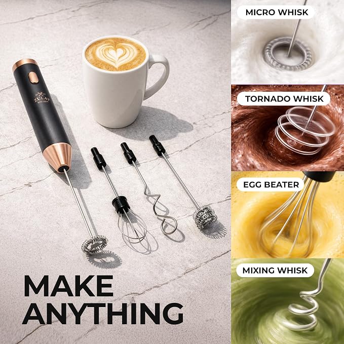 Zulay Kitchen Rechargeable Milk Frother Handheld - Frother Wand, Drink Mixer, Electric Whisk Frother, for Cappuccinos, Matcha & Protein Powder - Ultra Metal 4 Whisk, 1800mAh Black Copper