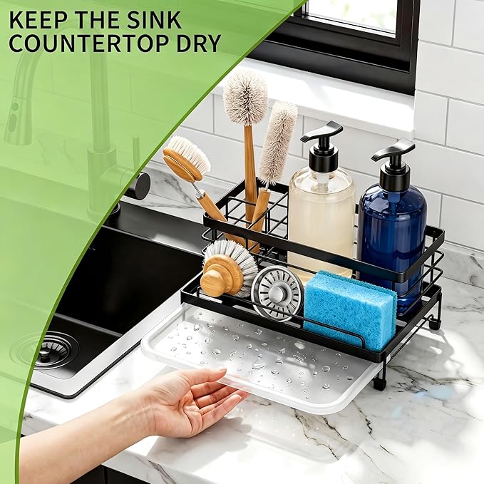 Cisily Sponge Holder for Kitchen, Sink Caddy Organizer, Kitchen Sink Accessories with Drip Tray, Rustproof and Non-slip Kitchen Sink Sponge Holder (Black)