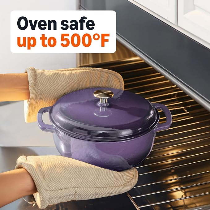 Amazon Basics Enameled Cast Iron Dutch Oven Pot with Lid, Round, Dual Handles, Heavy-Duty, Oven Safe for Stews, Roasting, Baking, 6-Quart, Purple