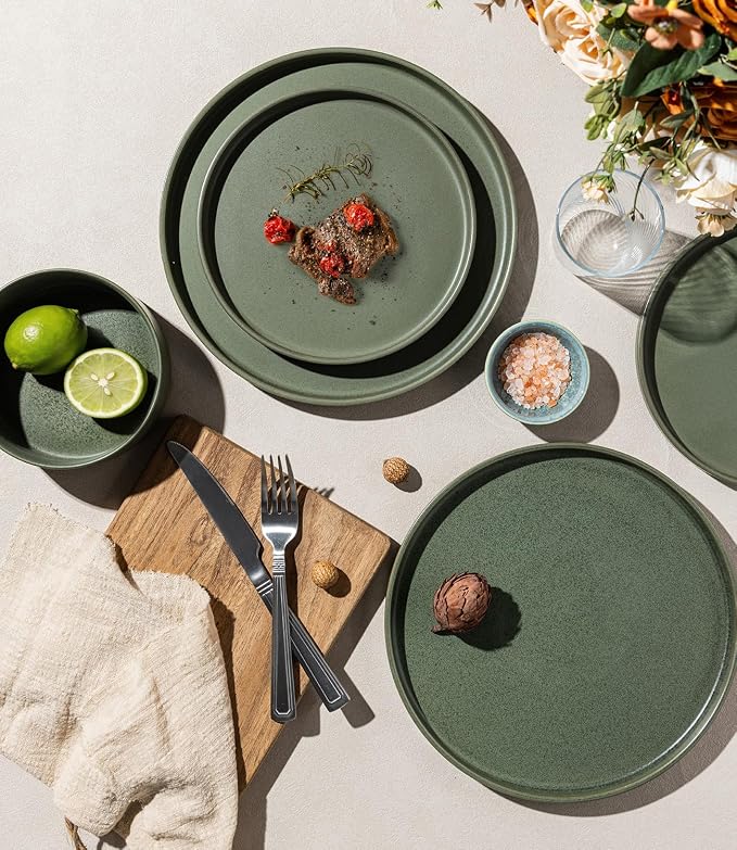 LERATIO Stoneware Dinnerware Sets for 4,12-Piece Matte Plates and Bowls Set | Handmade High Edge Rim Dish Set,Oven & Microwave,Dishwasher Safe,Scratch Resistant-Green