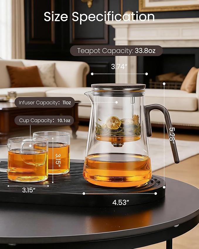 ZENS Magnetic Teapot with Infuser and 2 Cups, 34oz Magic Loose Tea Maker | Glass Magnetic Teapot, Echanted Tea Pot with Infusers for Loose Tea Steeper, Tea Lovers Gift, Walnut Pattern