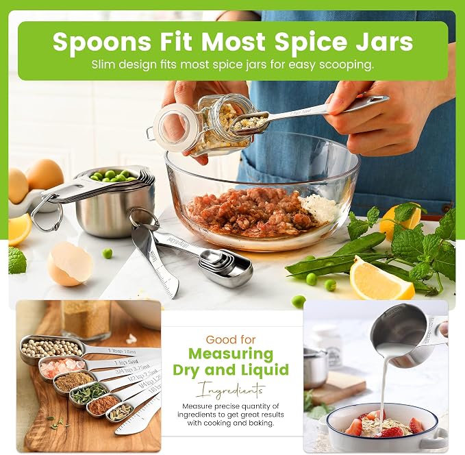 Spring Chef Stainless Steel Measuring Cups and Spoons Set of 14 w/Leveler | Nesting Metal Measuring Cups for Kitchen & Rectangular Teaspoon & Tablespoon Measuring Spoons for Dry and Liquid Ingredients
