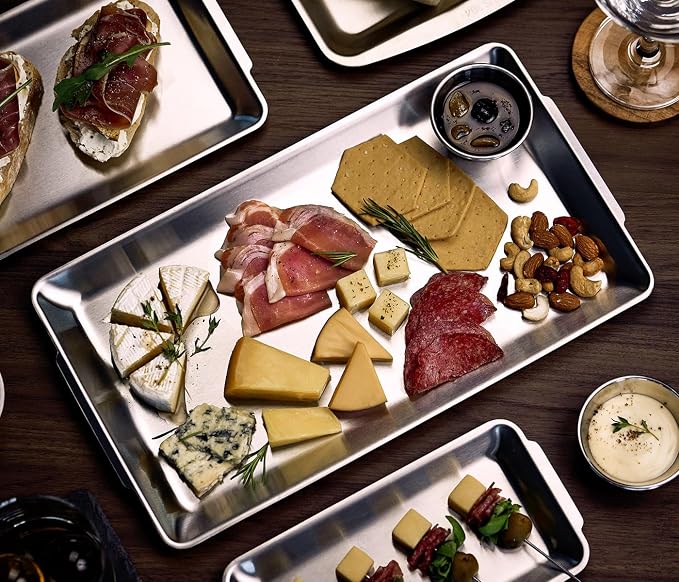 Wagensteiger SUS304 Stainless Steel Serving Platters, Rectangle Metal Dinner Plate with Handles, Decorative Tray, Lightweight, Cheese Board, Oven Safe (14.17 x 7.87 inches)