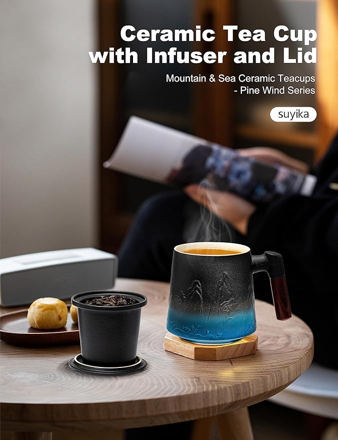 suyika Ceramic Tea Cup with Infuser and Lid, Matte Black 15.2 oz / 450 ml | Gradient Embossed, Large Tea Mug, Wooden Handle