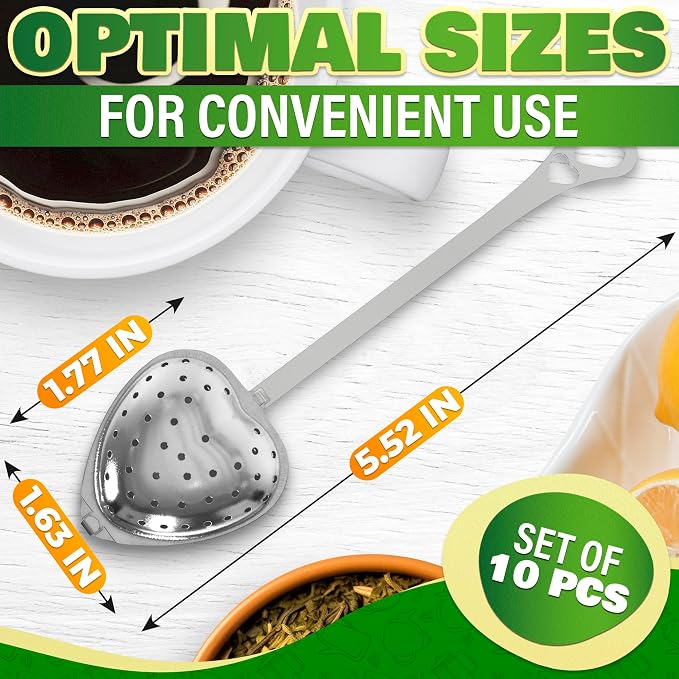 10 Pcs Heart Tea Infuser, 5.52 Inch, Stainless Steel Steeper | Heart Tea Strainer Bulk; Rust-Resistant; Dishwasher Safe; Secure Clasp, Easy Brewing Design; for Parties & Gifting