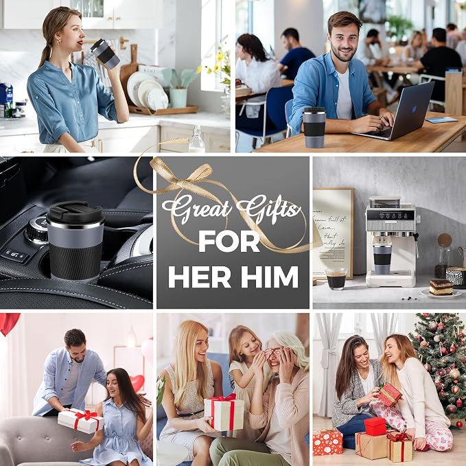 Volhoply 13 oz Stainless Steel Insulated Travel Coffee Mug with Fip Lid,Reusable Double Wall Vacuum Metal Coffee Cup,Portable to Go Leak Proof Cafe Thermal Tumbler for Hot & Cold Drinks(Gray,1)