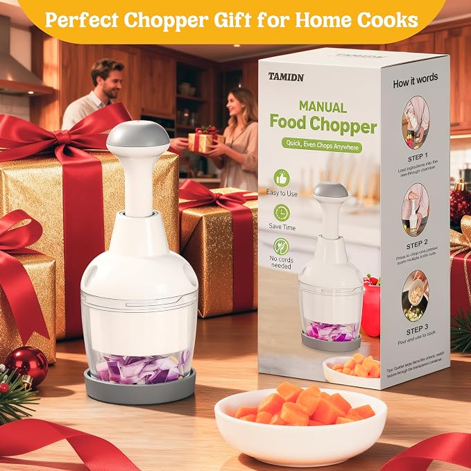 Food Chopper with Container, 360-Degree Blades, Dishwasher Safe, White | Onion & Vegetable Chopper,Handheld Garlic Nut Veggie Cutter,Clear Bowl for Easy Texture Checks,Smooth Push-Down Chopping