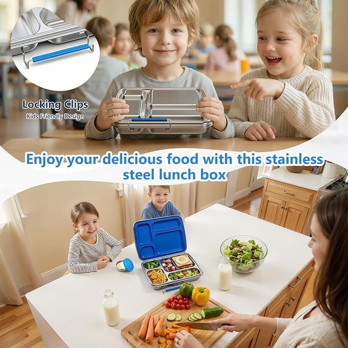 Stainless Steel Bento Lunch Box for Kids & Adults, 4 Compartment Kids Lunch Box, Metal Bento Box with Silicone Container and Stainless Steel Sauce Container,BPA-Free,School,Office(Blue)
