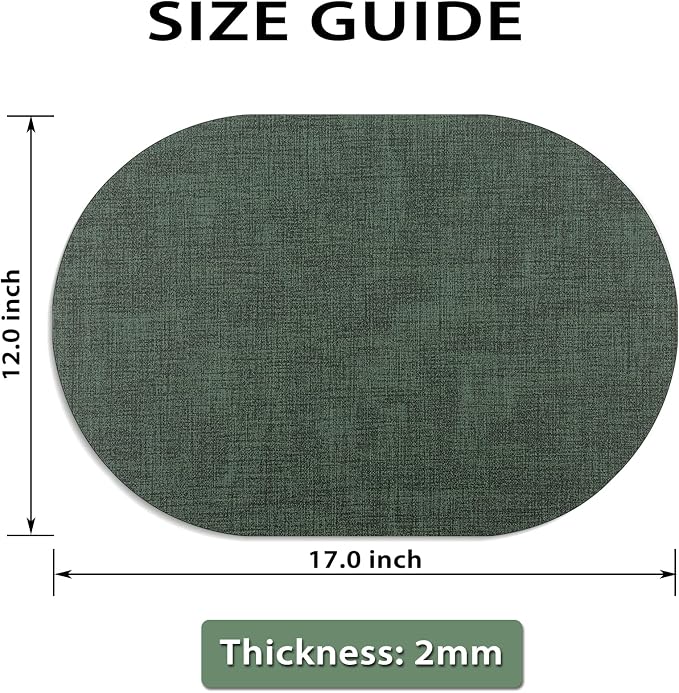 Placemats Set of 4 - Washable Heat Resistant Table Placemats - Wipeable Faux Leather Oval Place Mats, Waterproof Table Mats for Dining Table, Green