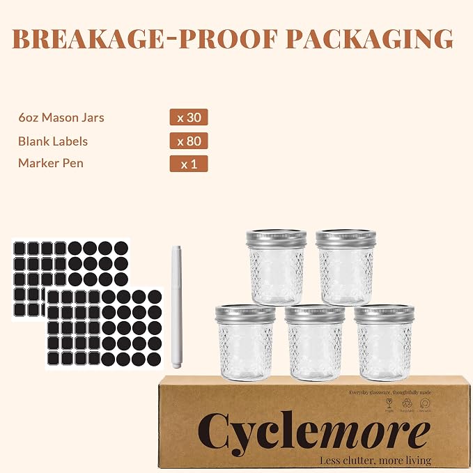 CycleMore 6 oz Mason Jars with Split Bands, 30 Pack Canning Jars | AirTight, BPA Free, Bulk Value, Regular Mouth Small Glass Canisters for Jelly, Sauce, Jam, Honey, Wedding Favors, Favors