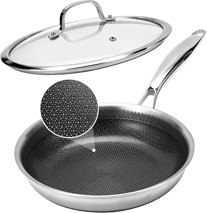 12 Inch Tri-Ply Stainless Steel Hybrid Frying Pan with Lid - Ceramic Nonstick Skillet, Induction & Oven Safe 600°F, PFAS/PFOA Free Professional Clad Cookware