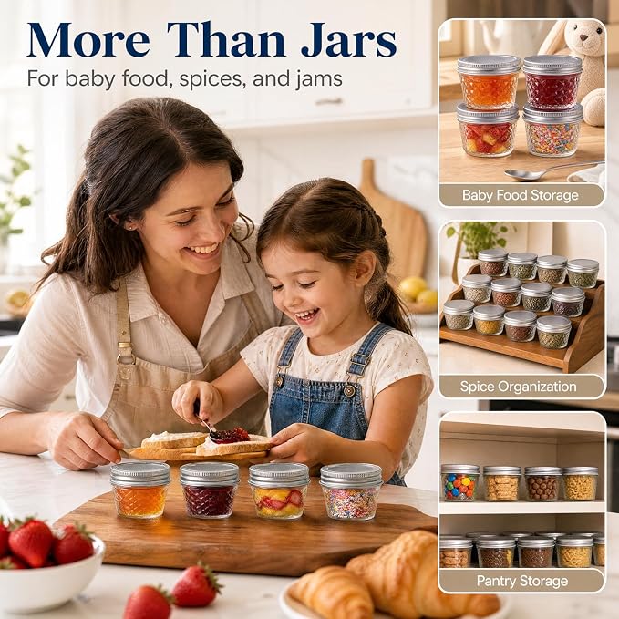 4 oz Glass Jars with Lids, 12 Pack Wide Mouth Small Mason Jars with Twine & Tags, Airtight Leakproof Mini Jam & Jelly Jars with Label Area for Baby Food, Spices, Pudding & Homemade Gifts