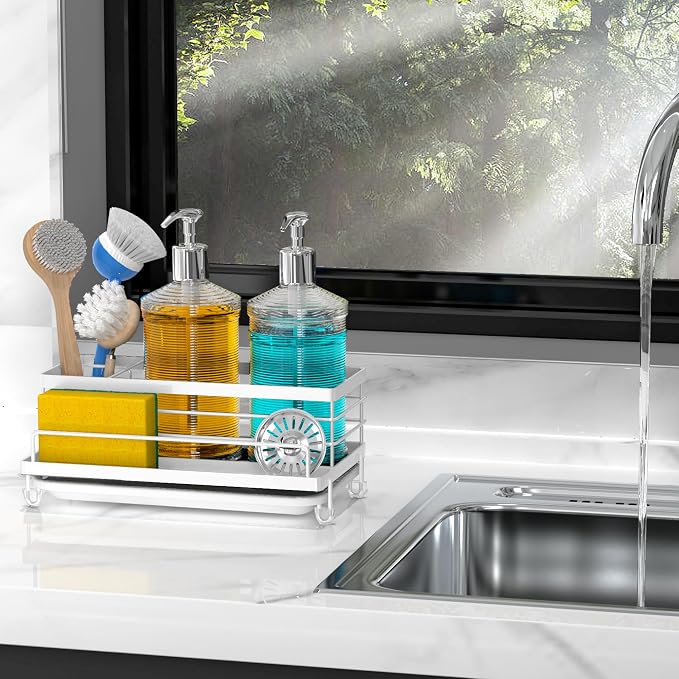 Cisily Sponge Holder for Kitchen, Sink Caddy Organizer, Kitchen Sink Accessories with Drip Tray, Rustproof and Non-slip Kitchen Sink Sponge Holder (White)