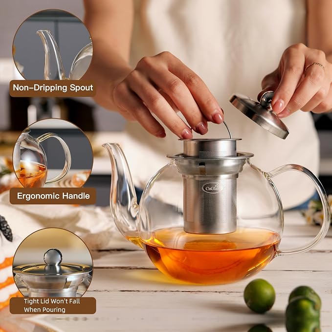 CNGLASS 40oz Glass Teapot with Removable Infuser,Clear Tea Kettle Stovetop Safe,Blooming and Loose Leaf Tea Maker Set