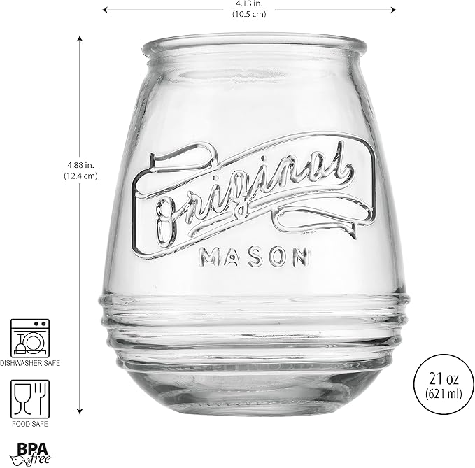 Glaver's Stemless Wine Glasses 21 Oz. Set Of 4 Original Mason Vintage Goblet Beverage Glasses Uses For Your Cocktail Lounge, Whiskey Parties, and Everyday Dinner Table. Dishwasher Safe. (Large)
