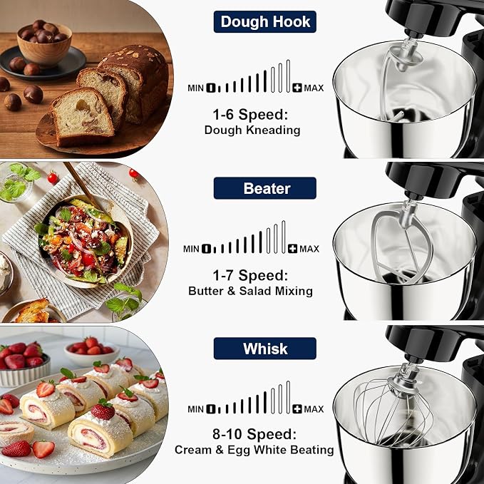 Camic Stand Mixer, 4.2QT+5.3QT Two bowls Electric Food Mixer, 10 Speeds with Digital setting 3-IN-1 Kitchen Mixer for Baking Cakes Cookie Bread Salad with Egg Whisk,Dough Hook,Flat Beater